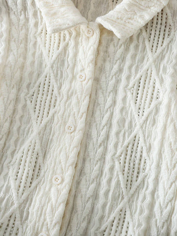 Young Girl's Knitted Solid Texture Fabric Lapel Loose Casual Blouse, Great For Casual & Daily Wear & School Daily In Autumn & Winter