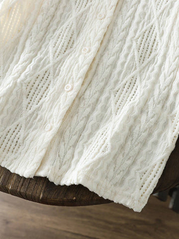 Young Girl's Knitted Solid Texture Fabric Lapel Loose Casual Blouse, Great For Casual & Daily Wear & School Daily In Autumn & Winter