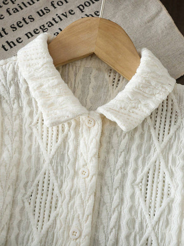 Young Girl's Knitted Solid Texture Fabric Lapel Loose Casual Blouse, Great For Casual & Daily Wear & School Daily In Autumn & Winter