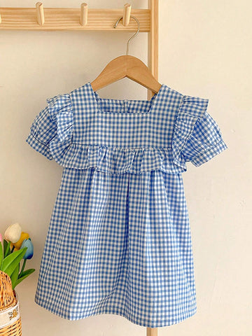 Young Girl's Korean Style Blue Plaid Dress For Summer
