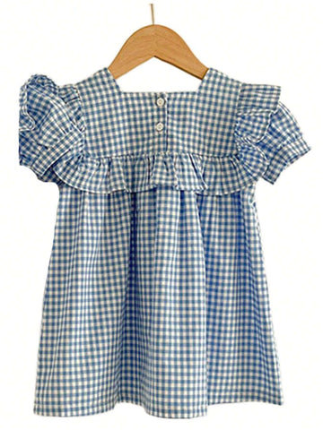 Young Girl's Korean Style Blue Plaid Dress For Summer