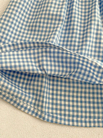 Young Girl's Korean Style Blue Plaid Dress For Summer