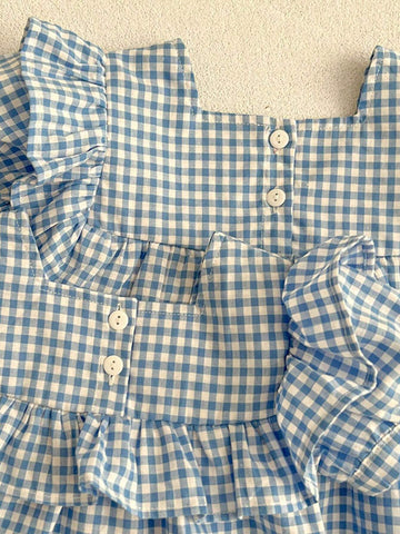 Young Girl's Korean Style Blue Plaid Dress For Summer