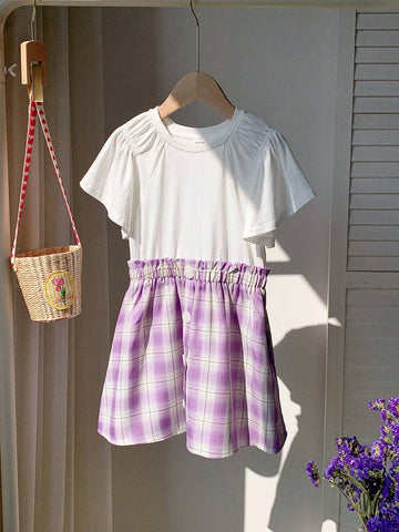 Young Girl's Korean Style Cute Round Neck Pullover Dress With Ruffle Trim & Plaid Patchwork