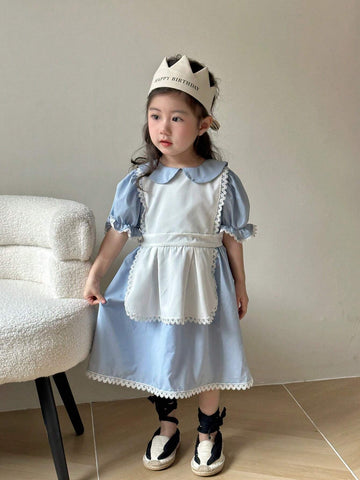 Young Girl's Lace Trimmed Puff Sleeve Dress