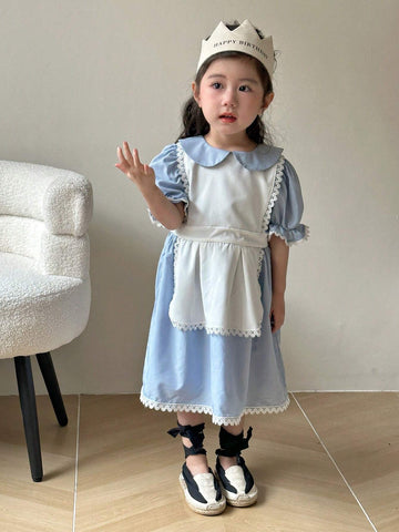 Young Girl's Lace Trimmed Puff Sleeve Dress