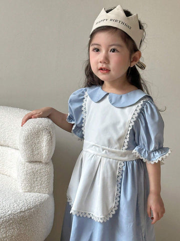 Young Girl's Lace Trimmed Puff Sleeve Dress