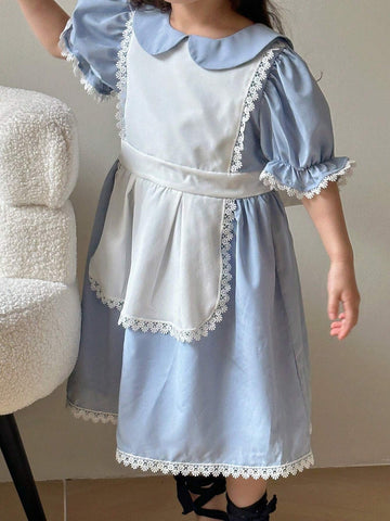 Young Girl's Lace Trimmed Puff Sleeve Dress