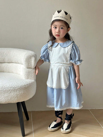 Young Girl's Lace Trimmed Puff Sleeve Dress