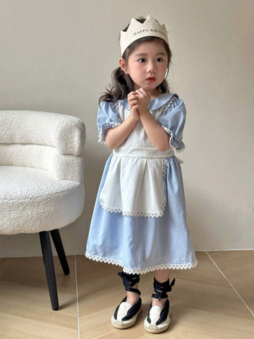 Young Girl's Lace Trimmed Puff Sleeve Dress