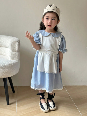 Young Girl's Lace Trimmed Puff Sleeve Dress