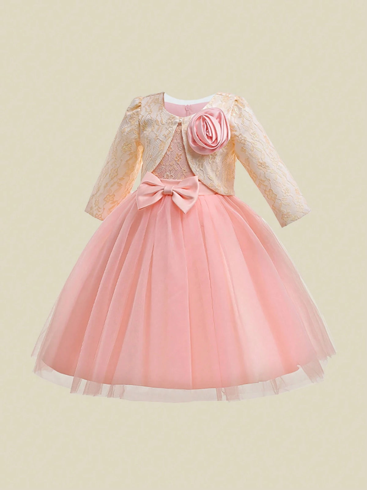 Young Girls Lace & Mesh Elegant Princess Dress With Coat, Suitable For Flower Girl, Wedding, Party
