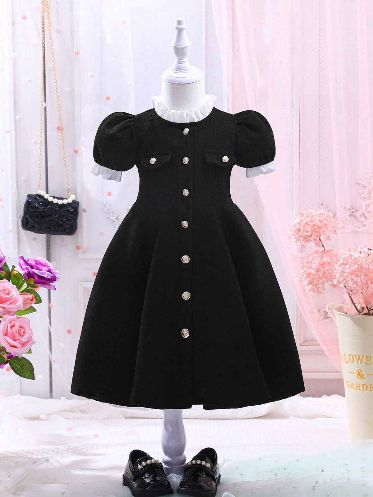 Young Girl's Ladylike Bubble Sleeve Waist Belt Button Dress For Summer