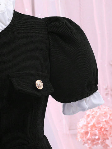 Young Girl's Ladylike Bubble Sleeve Waist Belt Button Dress For Summer