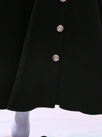 Young Girl's Ladylike Bubble Sleeve Waist Belt Button Dress For Summer