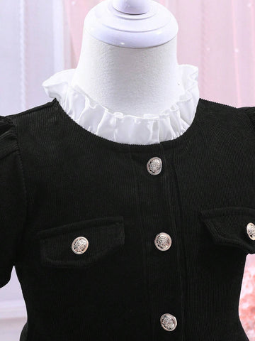 Young Girl's Ladylike Bubble Sleeve Waist Belt Button Dress For Summer