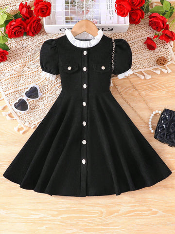 Young Girl's Ladylike Bubble Sleeve Waist Belt Button Dress For Summer