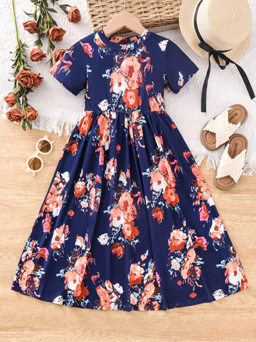 Young Girls' Ladylike Fashionable Floral Printed Dress For Summer