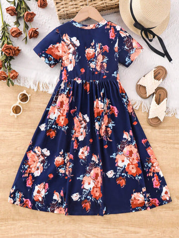 Young Girls' Ladylike Fashionable Floral Printed Dress For Summer