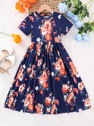 Young Girls' Ladylike Fashionable Floral Printed Dress For Summer