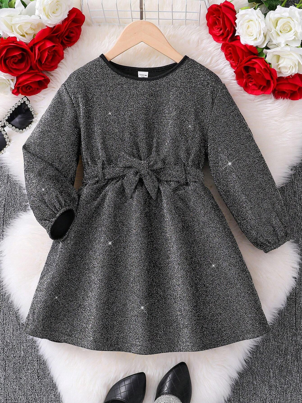 Young Girls Lantern Sleeve Belted Glitter Dress,Elegant Long Sleeve Cake Dress, Suitable For Autumn And Winter