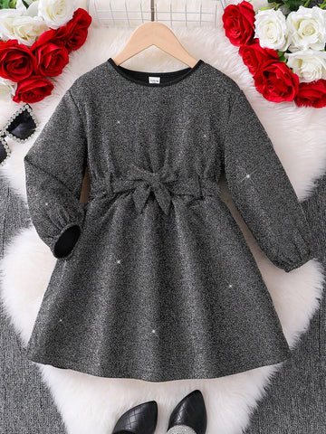 Young Girls Lantern Sleeve Belted Glitter Dress,Elegant Long Sleeve Cake Dress, Suitable For Autumn And Winter