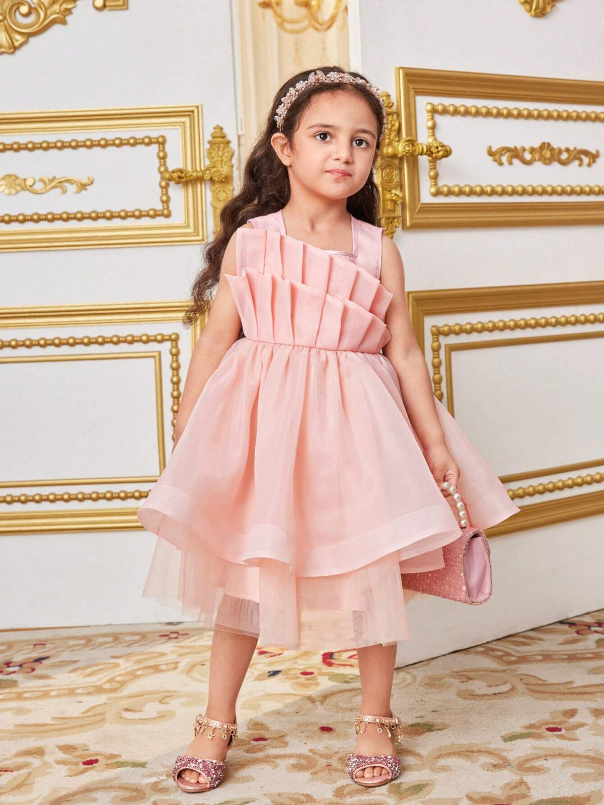 Young Girl's Layered And Irregular Double Ruffle Halter Neck Sleeveless Mesh Splice Dress