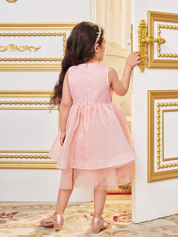 Young Girl's Layered And Irregular Double Ruffle Halter Neck Sleeveless Mesh Splice Dress