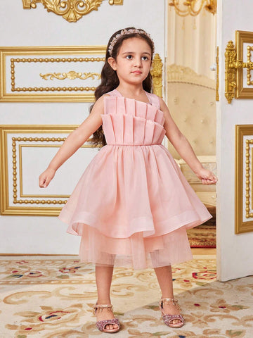 Young Girl's Layered And Irregular Double Ruffle Halter Neck Sleeveless Mesh Splice Dress