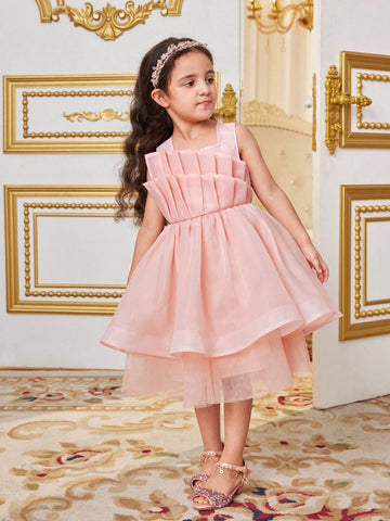 Young Girl's Layered And Irregular Double Ruffle Halter Neck Sleeveless Mesh Splice Dress