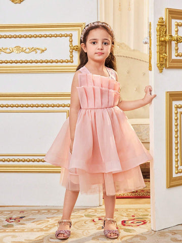 Young Girl's Layered And Irregular Double Ruffle Halter Neck Sleeveless Mesh Splice Dress