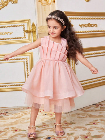 Young Girl's Layered And Irregular Double Ruffle Halter Neck Sleeveless Mesh Splice Dress