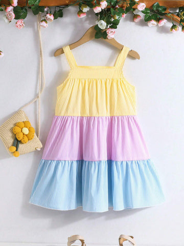 Young Girls Leisure Holiday Summer Fashion Sweet Color Block Striped Halter Dress