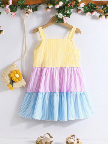 Young Girls Leisure Holiday Summer Fashion Sweet Color Block Striped Halter Dress
