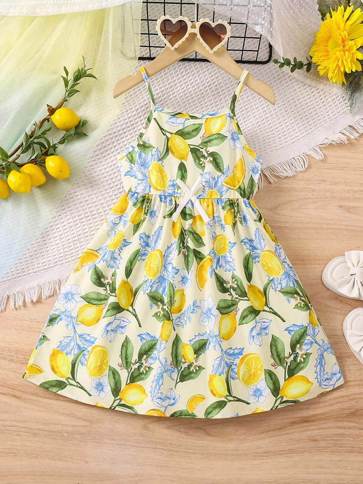 Young Girl's Lemon Printed Spaghetti Strap Dress