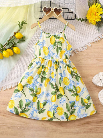 Young Girl's Lemon Printed Spaghetti Strap Dress