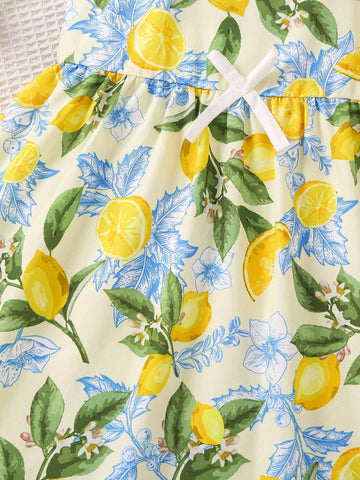 Young Girl's Lemon Printed Spaghetti Strap Dress
