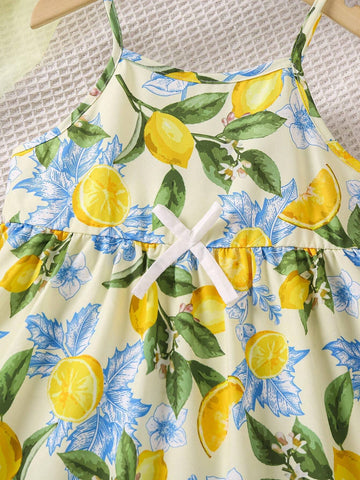 Young Girl's Lemon Printed Spaghetti Strap Dress