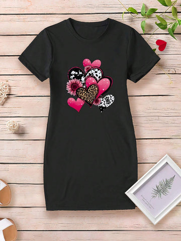 Young Girls' Leopard & Cow Pattern & Flower & Heart Print Short Sleeve Casual Summer Dress