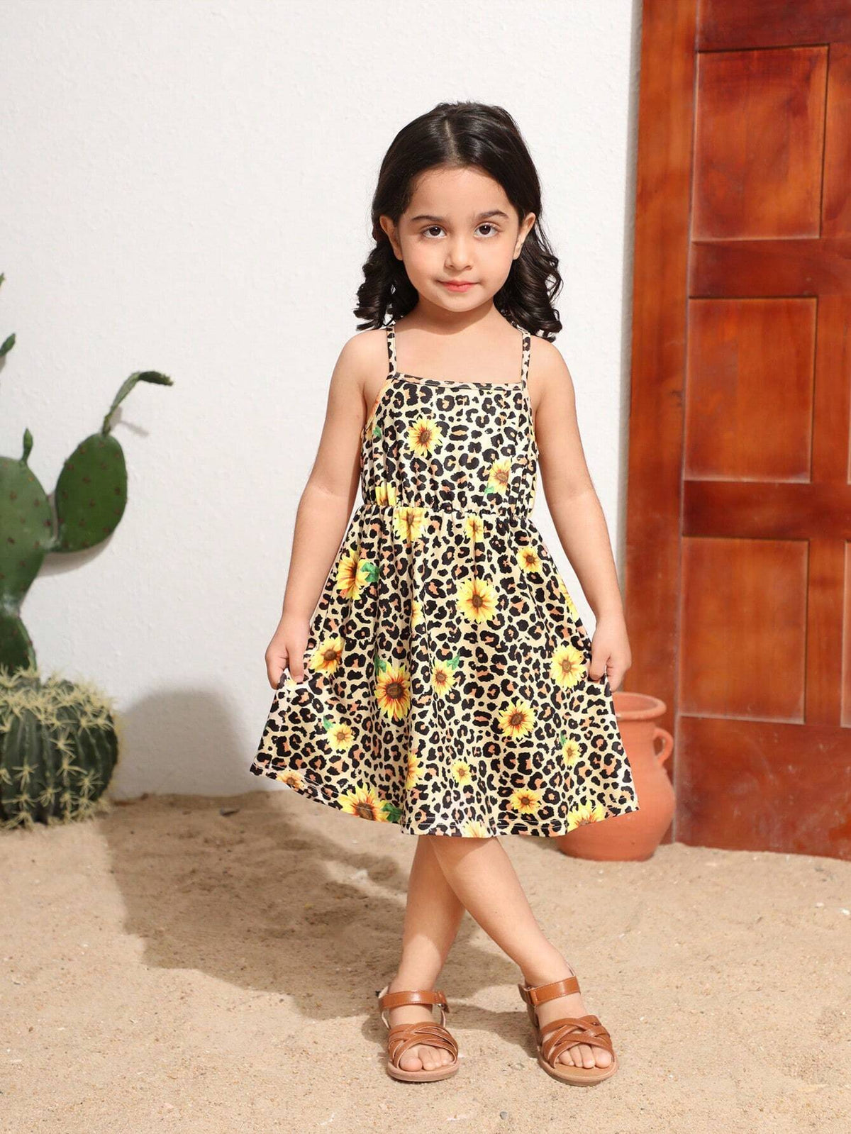 Young Girls' Leopard & Sunflower Print Spaghetti Strap Dress