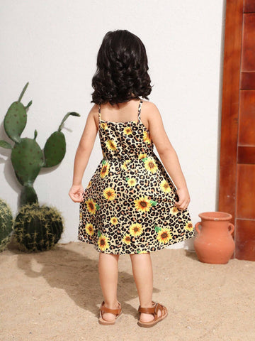 Young Girls' Leopard & Sunflower Print Spaghetti Strap Dress