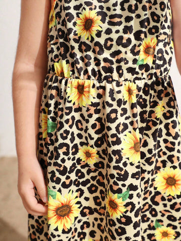Young Girls' Leopard & Sunflower Print Spaghetti Strap Dress