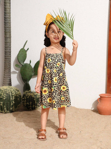 Young Girls' Leopard & Sunflower Print Spaghetti Strap Dress