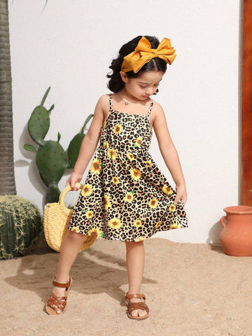 Young Girls' Leopard & Sunflower Print Spaghetti Strap Dress