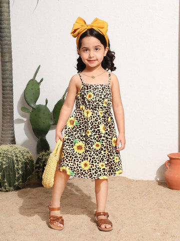 Young Girls' Leopard & Sunflower Print Spaghetti Strap Dress