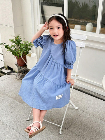 Young Girls Letter Patched Puff Sleeve Ruffle Hem Dress