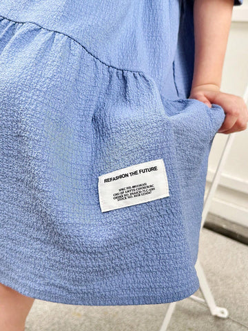 Young Girls Letter Patched Puff Sleeve Ruffle Hem Dress