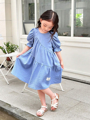 Young Girls Letter Patched Puff Sleeve Ruffle Hem Dress