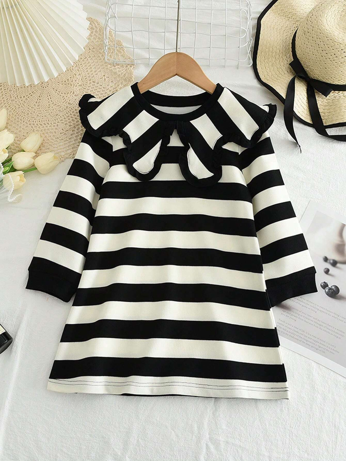 Young Girl's Long Casual Striped Lapel Long Sleeve Dress, Spring & Autumn