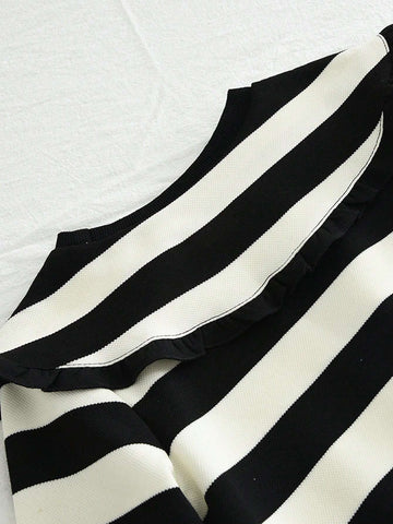 Young Girl's Long Casual Striped Lapel Long Sleeve Dress, Spring & Autumn